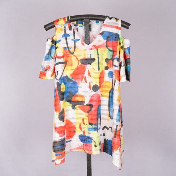Jess & Jane Womens Colorful Cold Shoulder Tunic Top MEDIUM Wearable Art Abstract - Picture 1 of 6